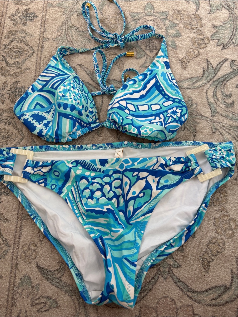 Helen Jon Blue Patterned Triangle String Bikini